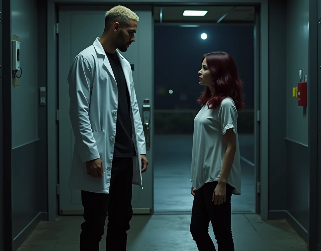 216 cm tall, 33-year-old man with short crew cut platinum blond wavy swept-back hair, dark skin, Arabic-Egyptian features, wearing a white lab coat over a black t-shirt and black cargo pants, standing in an open doorway of a secret facility. He is looking down at a much shorter 24-year-old woman who only comes up to his shoulder, with vibrant maroon side-parted medium-length wavy hair, very pale skin, wearing a white flowy top and low-rise black pants, standing outside the facility near the doorway. Hip-shot, dark lighting, nighttime, photorealistic, cinematic.