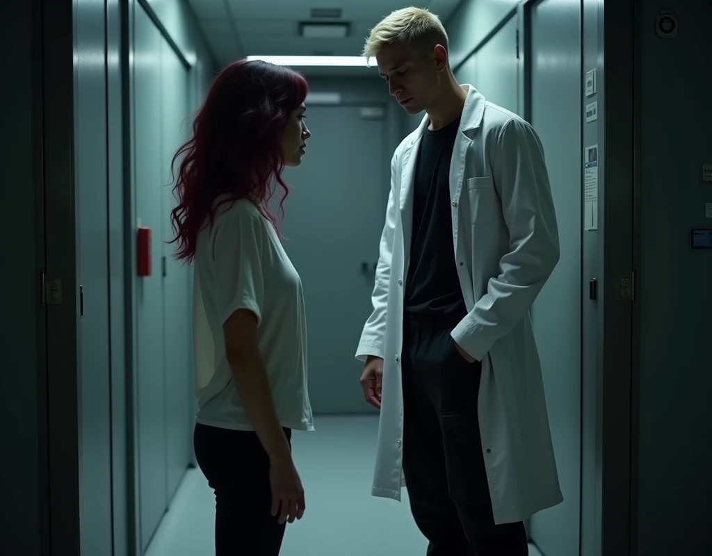 Attractive young man (tall:1.6) with crew cut platinum blond wavy swept-back hair, dark skin, long black stubble, Arabic-Egyptian features, white lab coat over a black t-shirt, black cargo pants and black boots, standing inside elevator next to a young woman (short:1.2) vibrant maroon side-parted medium-length wavy hair, very pale skin, soft green silk work blouse, low-rise black pants and black boots. Photorealistic, cinematic.