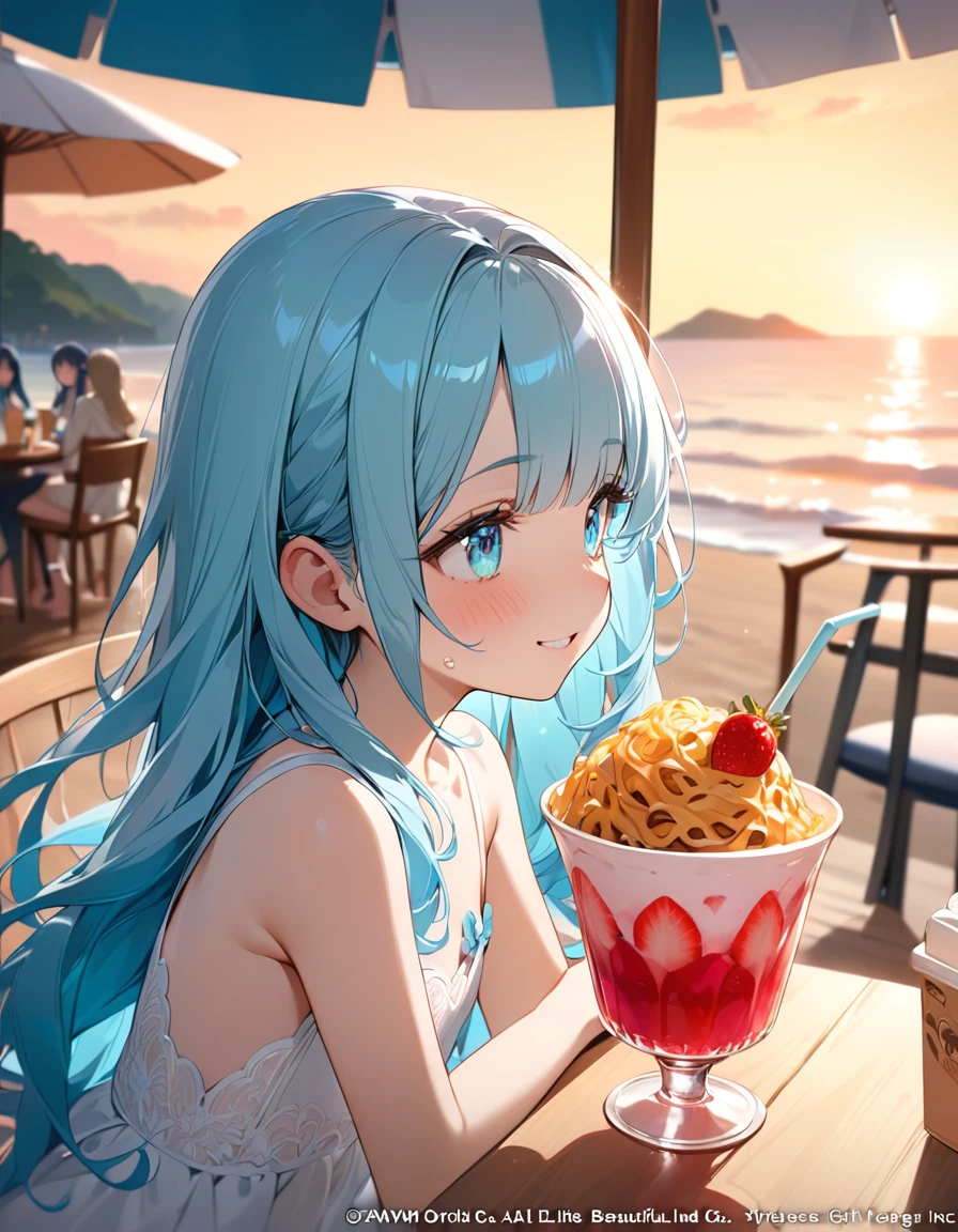 Seaside Cafe、Light blue long hair、Beautiful girl with twin tails、Eating shaved ice with relish、A cafe decorated with lots of orchid flowers、Beautiful girl with a bright smile、A squirrel is watching from the window、Yachts float on the sea and seagulls fly.