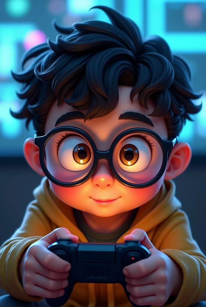 A chubby boy with big glasses and very big eyes holding a video game controller and playing, with curly hair and a low haircut, swept to the right. Slightly rounded glasses and EYES WITH HUGE BRIGHTNESS