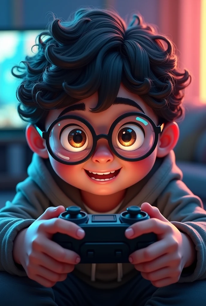 A chubby boy with big glasses and very big eyes holding a video game controller and playing, with curly hair and a low haircut, swept to the right. Slightly rounded glasses and EYES WITH HUGE BRIGHTNESS
