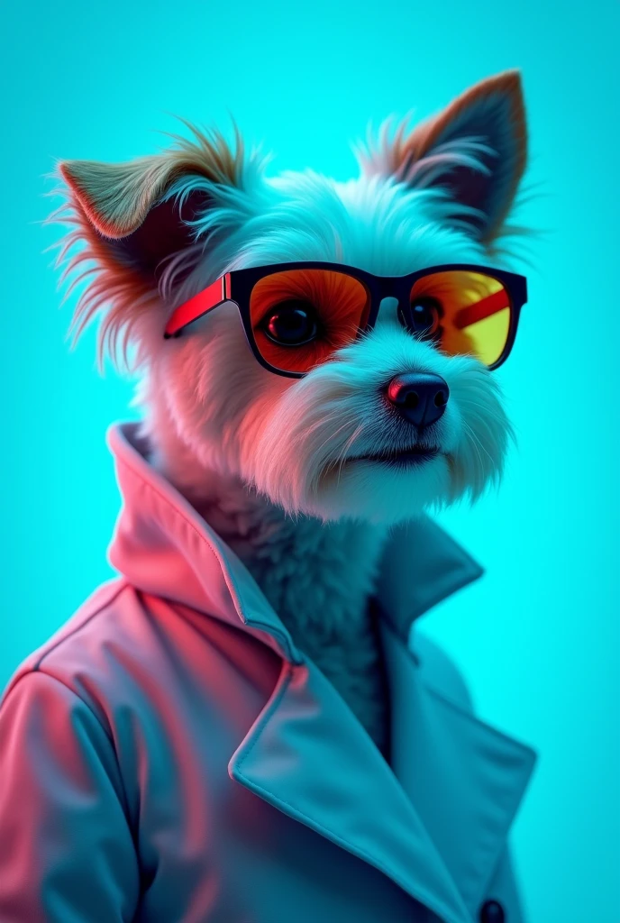 The best cell phone wallpaper, Award-Winning Wallpaper, portrait photography, In the front view is a portrait of a cute dog wearing mid-1960s space age fashion, Side view photo, Shot with Canon EOS R5, Set a strong contrast that accentuates the subject, Fluorescent blue tone, Wearing a very modern coat and sunglasses is a modern 1960s style, Clothes all in one color, beautiful background