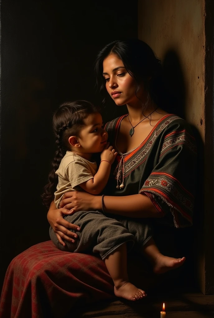 masterpiece, relist, Mexican Mayan indigenous woman, with a Mexican embroidered huipil, loving her child, and held a corn cob, sitting on a rebozo, and a candle illuminating her face, dark background, high contrast, baroque painting, Caravaggio, Look in detail, Awesome, Uman Damle's photography style, dark background negro,