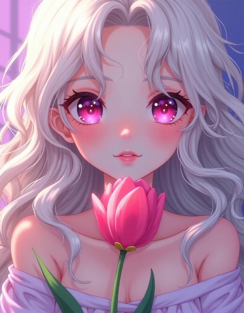masterpiece，Dazzling colorful light，Ultra Detailed，A girl，big eyes，tulip，Extra long curly hair，White-blond hair，A fascinating adventure，Glowing lips，Close-up of face，Exposed shoulders，Dreamy and beautiful，Thick paint of the characters，Fine brushstrokes，wallpaper，Light purple background，Anime Aesthetics,