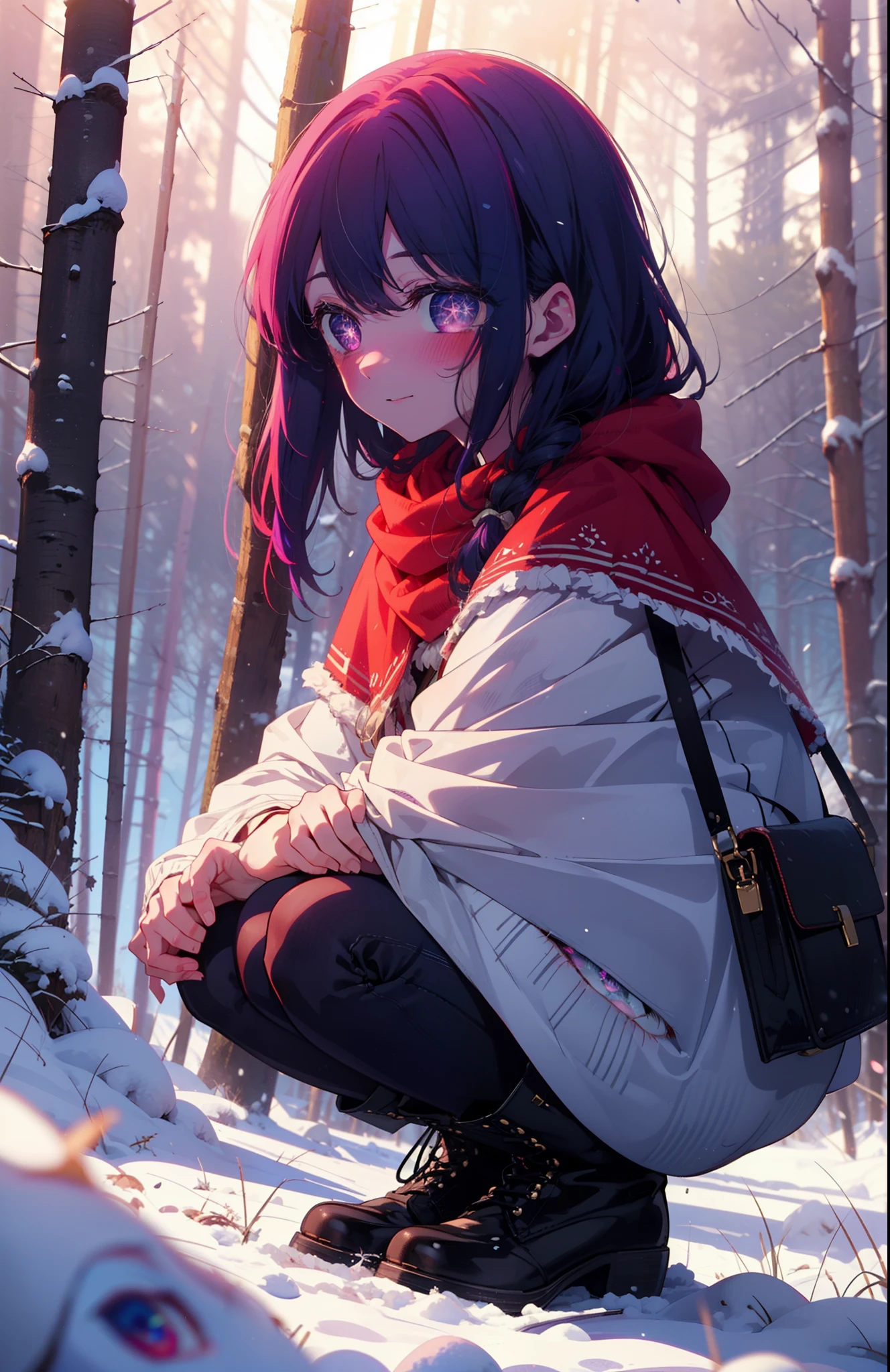aihoshino, Ai Hoshino, Long Hair, bangs, (Purple eyes:1.1), Purple Hair, (Symbol-shaped pupil:1.5), smile,,smile,blush,white breath,
Open your mouth,snow,Ground bonfire, Outdoor, boots, snowing, From the side, wood, suitcase, Cape, Blurred, , forest, White handbag, nature,  Squat, Mouth closed, Cape, winter, Written boundary depth, Black shoes, red Cape break looking at viewer, Upper Body, whole body, break Outdoor, forest, nature, break (masterpiece:1.2), Highest quality, High resolution, unity 8k wallpaper, (shape:0.8), (Beautiful and beautiful eyes:1.6), Highly detailed face, Perfect lighting, Highly detailed CG, (Perfect hands, Perfect Anatomy),