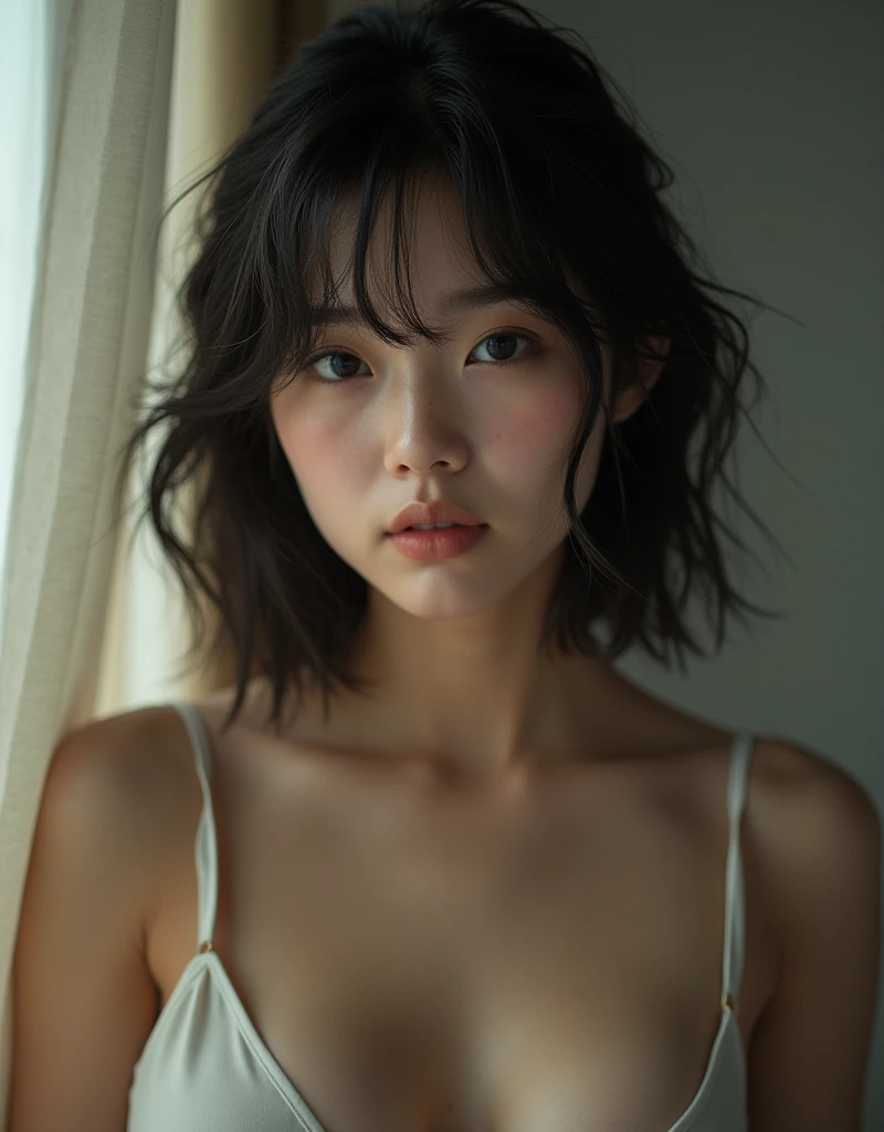 real photograph, (Top image quality, 8K, ​masterpiece), top-quality, 超A high resolution,Japan Girl, 18 year old, pretty face, loose tank top and spread your legs、 kawaii faces, Melancholy look, double eyelid、big breasts: 1.4、girly hairstyle、modern room、Movie Lighting, Photorealsitic, real looking skin, nffsw, 35 mm, Shot with Leica,