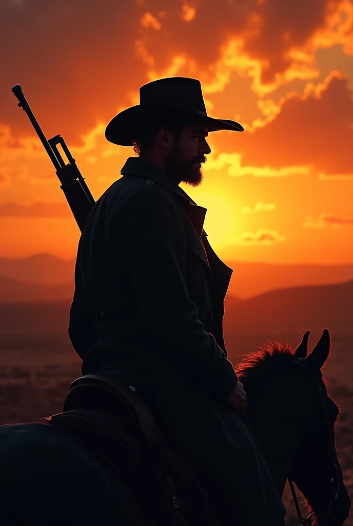 ((Best Quality)), ((masterpiece)), (detailed), Sunset background in the old west (apocalyptic), The silhouette of a 35-year-old cowboy in the middle wearing a wide-brimmed hat, Riding an onyx colored horse with a rifle crossed on his back, short black hair, lugubrious, (Highlighting the background slightly), Dark colored clothes with a black trench coat.