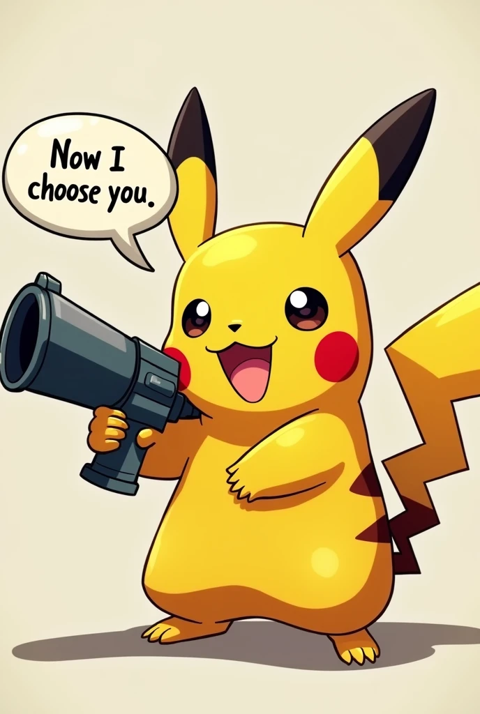 Pikachu holding a Giant Gun and pointing towards the camera, a talking bubble over its head which says "Now I choose you"