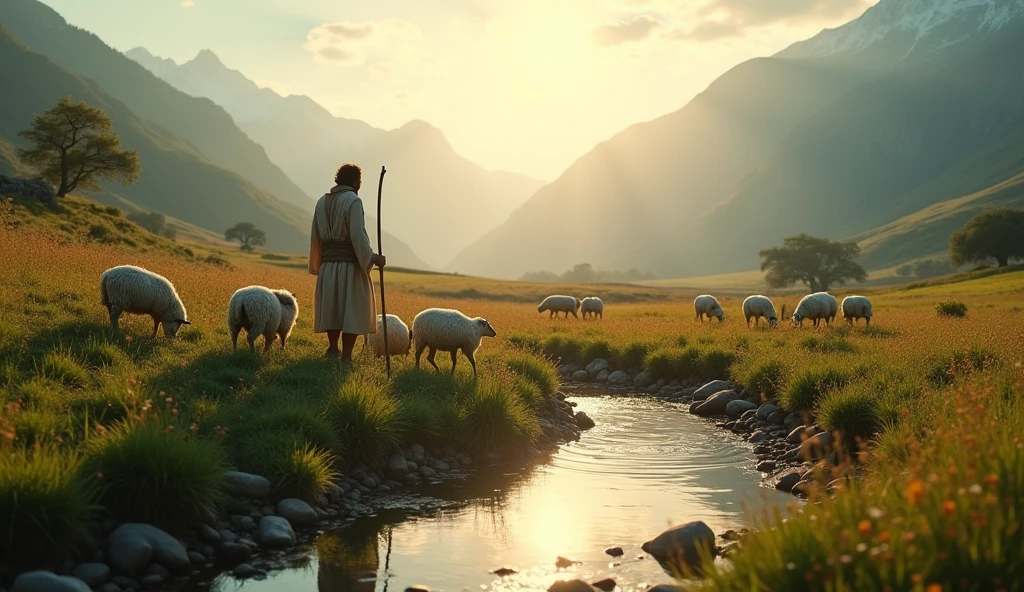 The scene opens with a panoramic view of a breathtaking landscape at dawn. The mountains rise majestically in the background, cobertas por uma leve névoa than se dissipa lentamente com os primeiros raios de sol. The gentle sound of a stream running echoes in the background, while birds sing in harmony, announcing the new day.
Cut to a verdant field, repleto de flores silvestres than dançam ao vento. In the center of this idyllic setting, a serene shepherd, representing Jesus, walks slowly, with a rustic staff in hand. His gaze is gentle and welcoming, transmitindo uma paz than envolve tudo ao seu redor. Ele se aproxima de um grupo de ovelhas than pastam tranquilamente, each one seeming to relax under his protective presence.
À medida than o pastor se move, the camera makes a smooth transition, mostrando uma ovelha than se afasta do grupo. O pastor, realizing the sheep's loneliness, crouches down and calls her by name with a soft and loving voice. "he comes, my son. Fear not, because I am here." The sheep, upon hearing your voice, turns quickly and runs towards the shepherd, nestling beside you.
The scene changes to a lush valley, where the shepherd guides his sheep. He leads them to a serene lake, where the water reflects the blue sky. He crouches down, dipping his hands in the water and, Right away, offering it to the thirsty sheep. The sound of water and the murmur of the wind create a soothing soundtrack, as sunlight shines upon them, symbolizing protection and love.
The camera focuses on the shepherd's face, than, with a serenely smile, dice: "You shall lack nothing." The expression of his sheep reflects trust and security. They gather around him, forming a circle of gratitude and loyalty.