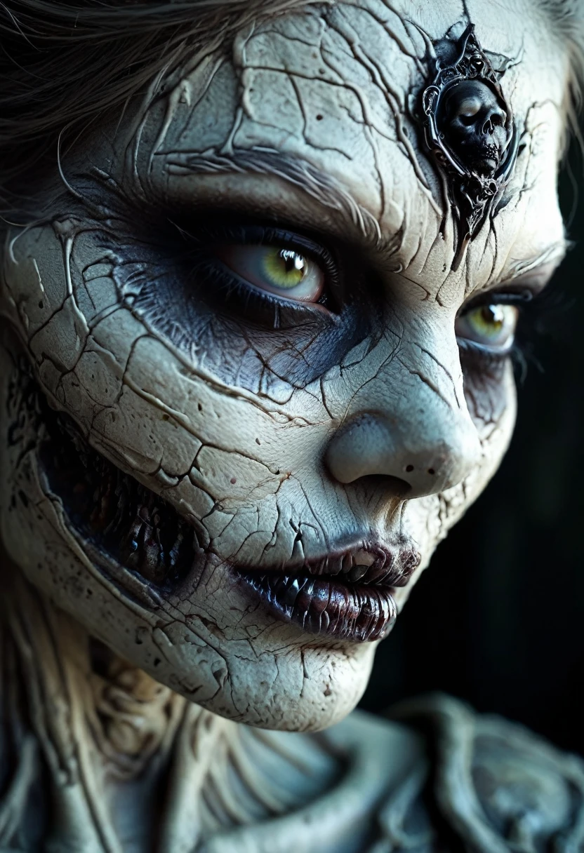 Midjourney, MJ, Midjourney style, realism, cinematic quality, macro, (stunning, high quality, detailed, masterpiece, photorealistic, hybrid creature, undead, Taotao Mona, portrait, close up, dramatic lighting, surreal, disturbing, detailed facial features, ugly, intricate, hard details, (horror, dark, creepy, undead, supernatural), monstrous, gothic, (zombie, skull, skeletal details, rotting flesh, decay, haunting eyes), dark, sinister, haunting, haunting eyes, dark fantasy