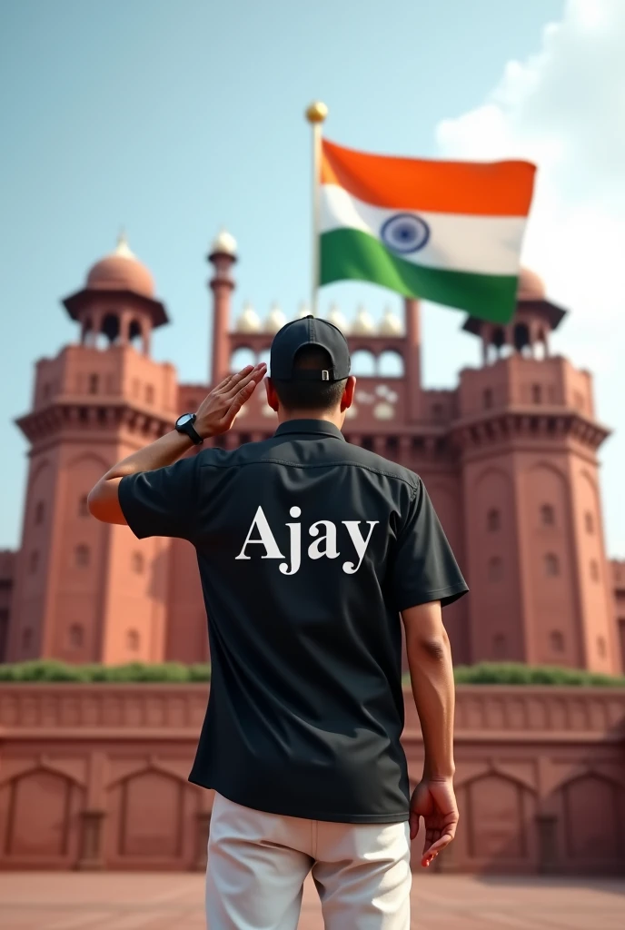 A man salute of indian flag front of Delhi red fort 
Shirt black pants white with cap Name back on shirt Ajay capital letter
