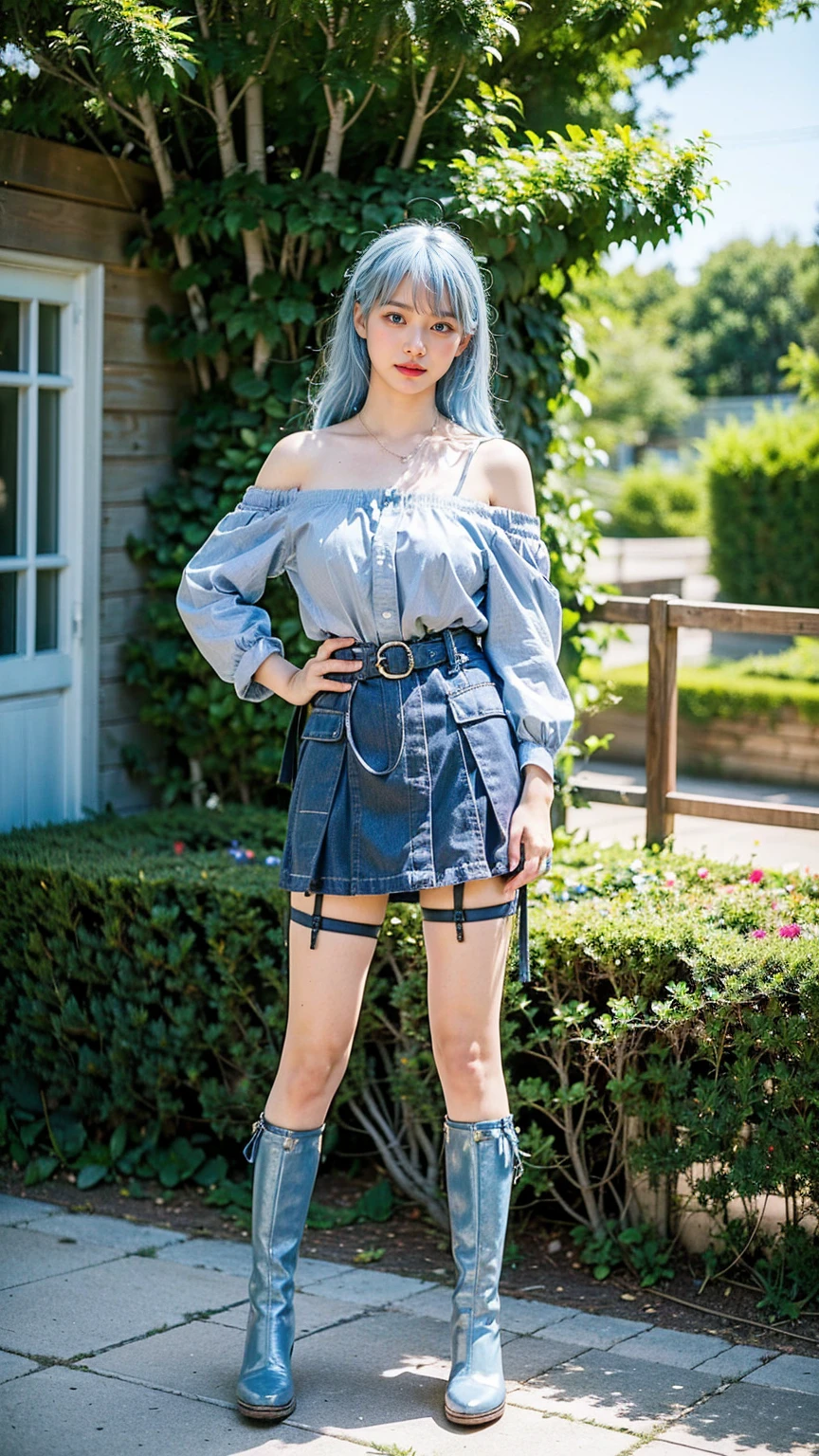 (8k、RAW Photos、Highest quality、masterpiece:1.2)、(Realistic、Realistic)、1 person、((Light blue hair、boots、Off the shoulder、garter belt、whole body、garden、Check mini skirt、garden、View from the front、Looking into the camera、Hands on your hips))、cute