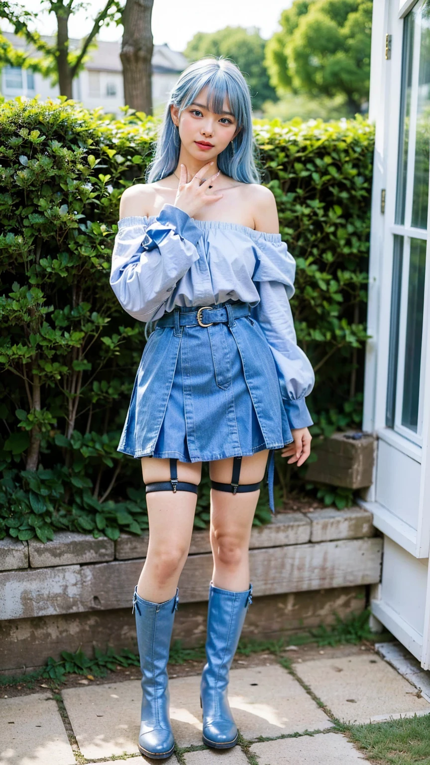 (8k、RAW Photos、Highest quality、masterpiece:1.2)、(Realistic、Realistic)、1 person、((Light blue hair、boots、Off the shoulder、garter belt、whole body、garden、Check mini skirt、garden、View from the front、Looking into the camera、Hands on your hips))、cute