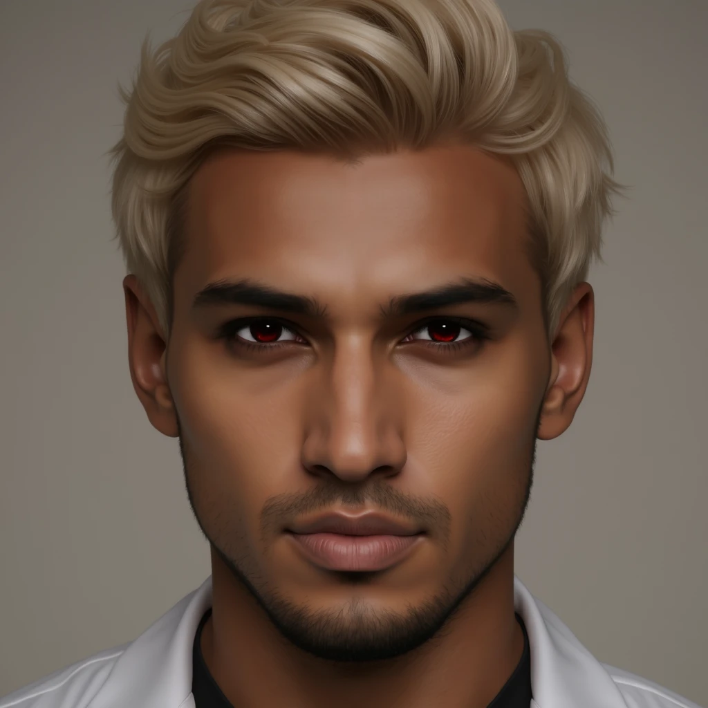 Photorealistic headshot photograph of a 33 year old attractive Arabic Egyptian man, real skin texture, red eyes, platinum blond swept back wavy short hair, long black stubble white lab coat with black t-shirt underneath, photorealistic, cinematic