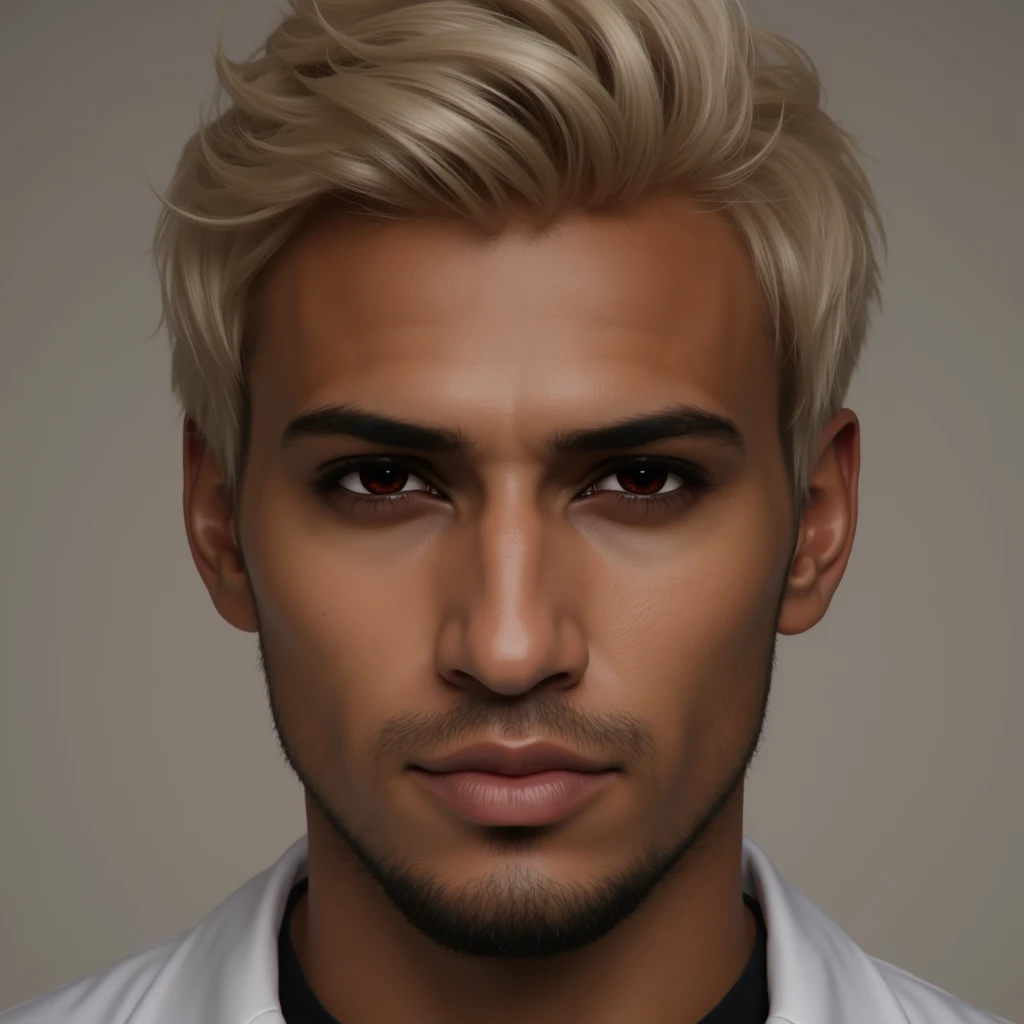 Photorealistic headshot photograph of a 33 year old attractive Arabic Egyptian man, real skin texture, red eyes, platinum blond swept back wavy short hair, long black stubble white lab coat with black t-shirt underneath, photorealistic, cinematic