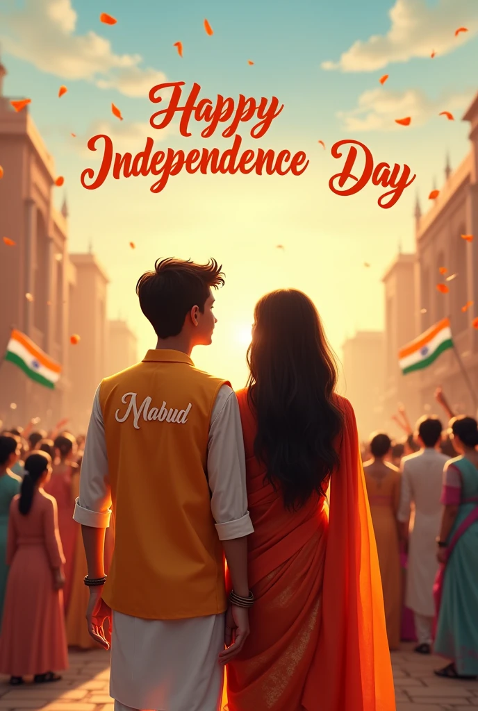 real young couple, Mabud and Sariya stand together, boy 20 years old and girl , joyfully celebrate Indian Independence Day. They are wearing indian outfits and Mabud name is written on boy's outfit and Sariya written on girl's outfit. Above them, in the sky, the words "Happy Independence Day" are displayed in a bold font. The backdrop is filled with people celebrating, enhancing the festive and patriotic spirit of the day.make sure text should be correct.