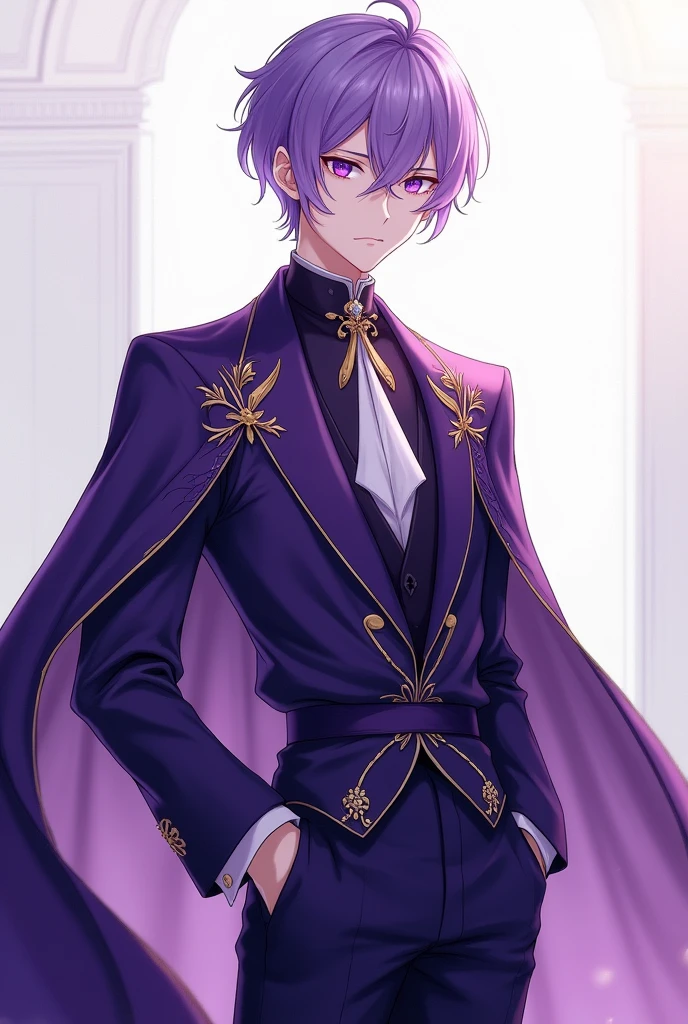 Very tall, anime style, teenager boy, violet noble clothes, short violet hair, violet pupils, thin build, beautiful body, beautiful face, detailed body, detailed eyes, detailed clothes, looks at viewer, calm gaze, stands at full height, hands in pockets, solo, 16k, highres, best quality, high quality, super detail, high details, anatomically correct, accurate, masterpiece, UHD