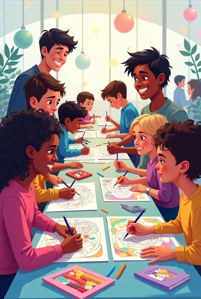 Create a graphic design illustration of several people participating in a coloring contest