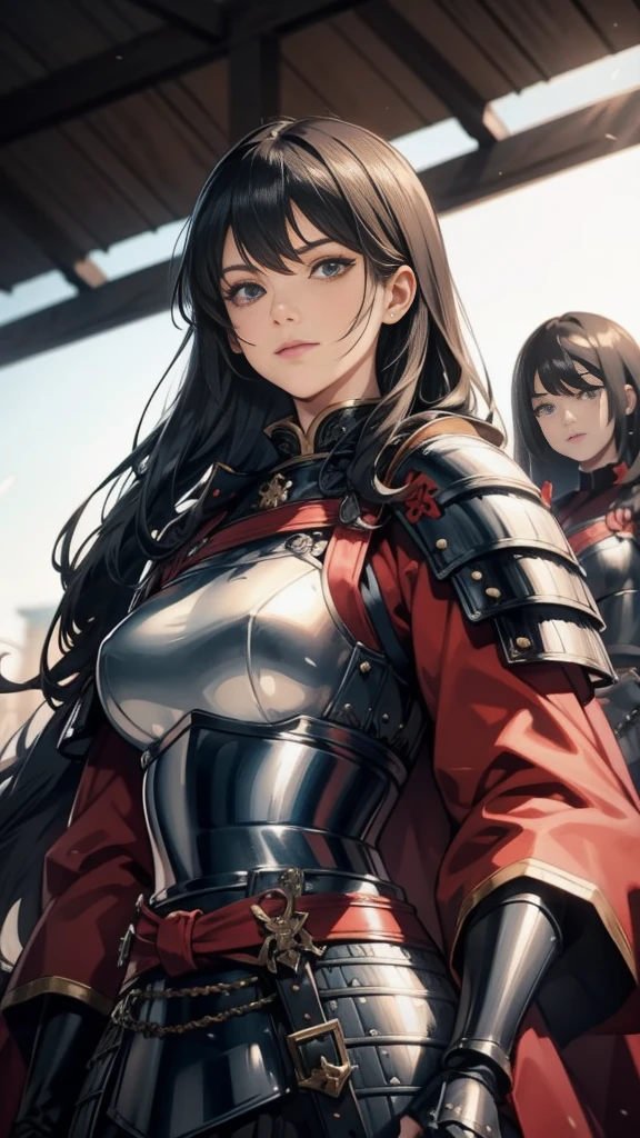 Black Hair：1.3, Amazing character art, ((Silver Knight Armor:1.3 )),((Pure white background)), 3d rendering character art 8k, Handsome，Beautiful female knight, 2. 5D CGI Anime Fantasy Artwork, Detailed digital art, Very nice work of art, Fan Art Best Art Station, (Red velvet long cape),(Stretch your open hand forward:1.3), (Hands on hips),(on stage:1.2),((From below)),Eyes looking into the distance,(A female general gives orders to her soldiers:1.3),Muscular,(samurai:1.2),Confident，An inappropriate smile，teasing，Overbearing，samurai：1.2，Japan