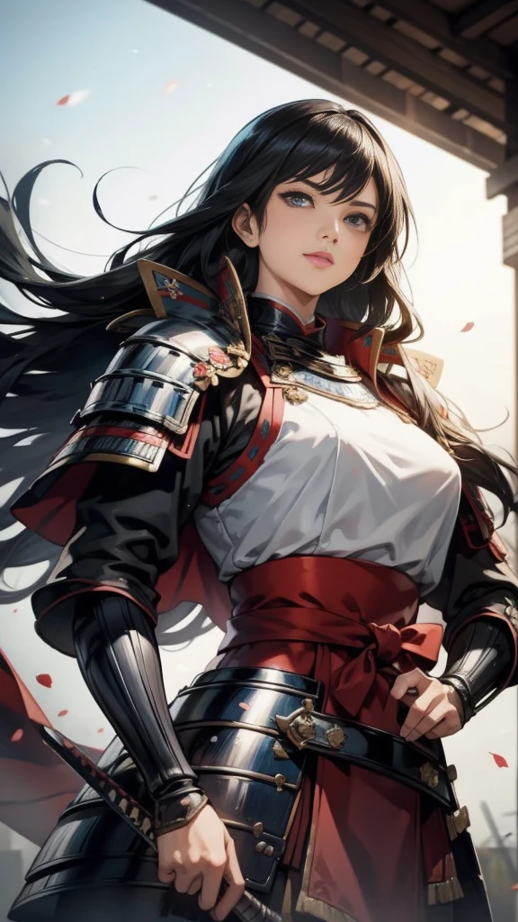 Black Hair：1.3, Amazing character art, ((Silver Knight Armor:1.3 )),((Pure white background)), 3d rendering character art 8k, Handsome，Beautiful female knight, 2. 5D CGI Anime Fantasy Artwork, Detailed digital art, Very nice work of art, Fan Art Best Art Station, (Red velvet long cape),(Stretch your open hand forward:1.3), (Hands on hips),(on stage:1.2),((From below)),Eyes looking into the distance,(A female general gives orders to her soldiers:1.3),Muscular,(samurai:1.2),Confident，An inappropriate smile，teasing，Overbearing，samurai：1.2，Japan