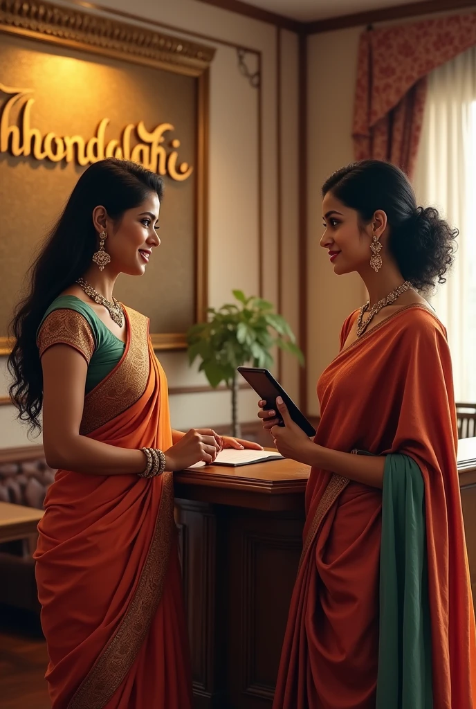 a beautiful lady standing inside the counter and speaking with another lady she hold a Tab one of the lady in saree There is a Brass letterboard on their back Named Thaandathi