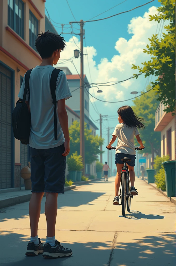 A boy is waiting for his girlfriend but she is going with her father on bike in front of him, make this as image