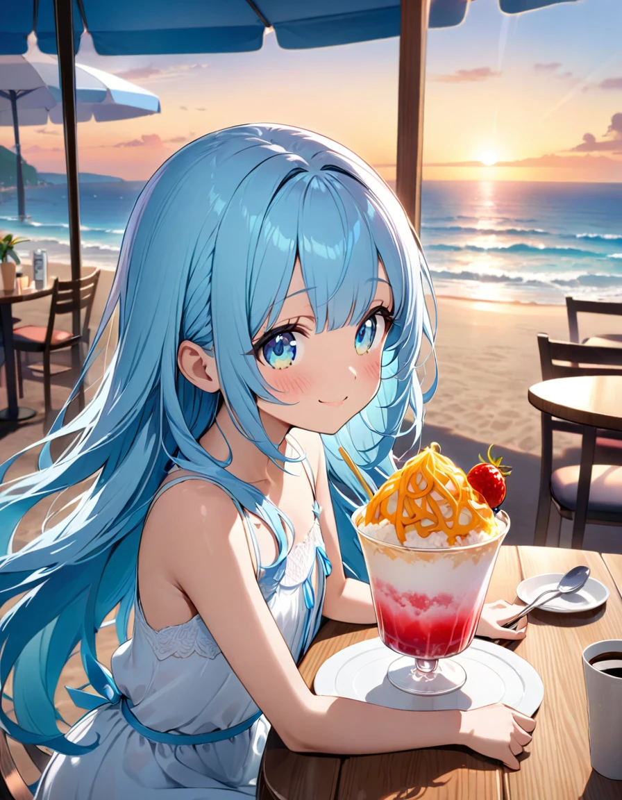 masterpiece, best quality, extremely detailed, (illustration, official art:1.1), 1 girl ,(((( light blue long hair)))), ,(((( light blue long hair)))),light blue hair, , long hair ((blush)) , cute face, big eyes, masterpiece, best quality,(((((a very delicate and beautiful girl))))),Amazing,beautiful detailed eyes,blunt bangs((((little delicate girl)))),tareme(true beautiful:1.2), sense of depth,dynamic angle,,,, affectionate smile, (true beautiful:1.2),,(tiny 1girl model:1.2),)(flat chest)、Seaside, blue eyes, Seaside café at sunset、White dress, Cafe, Profile, Beach,Beach parasol, Relax, tropical juice, aquamarine hair, water drop、There is fried noodles on the table、、Eating strawberry shaved ice with relish、A cafe decorated with lots of orchid flowers、