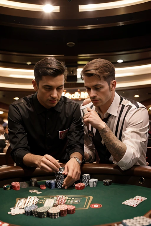 poker,All In,One shot,All bets,Loaded chips,Two men in full opposing attire,1 dealer