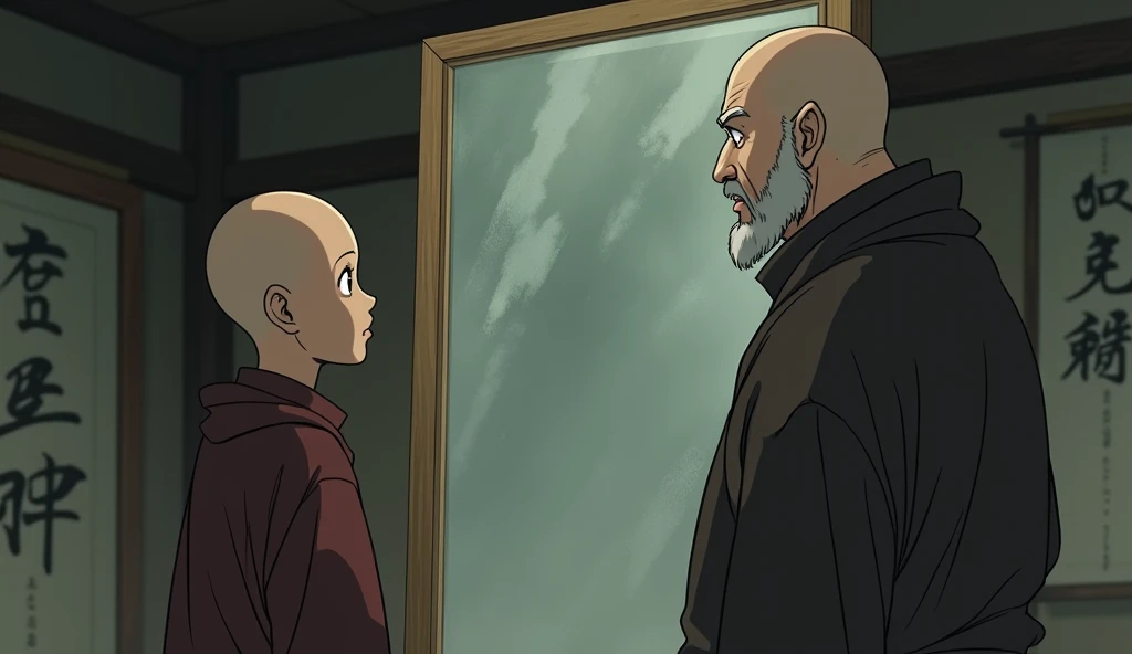 Young monk student looking at smeared mirror with his fat monk master in a room , anime style,