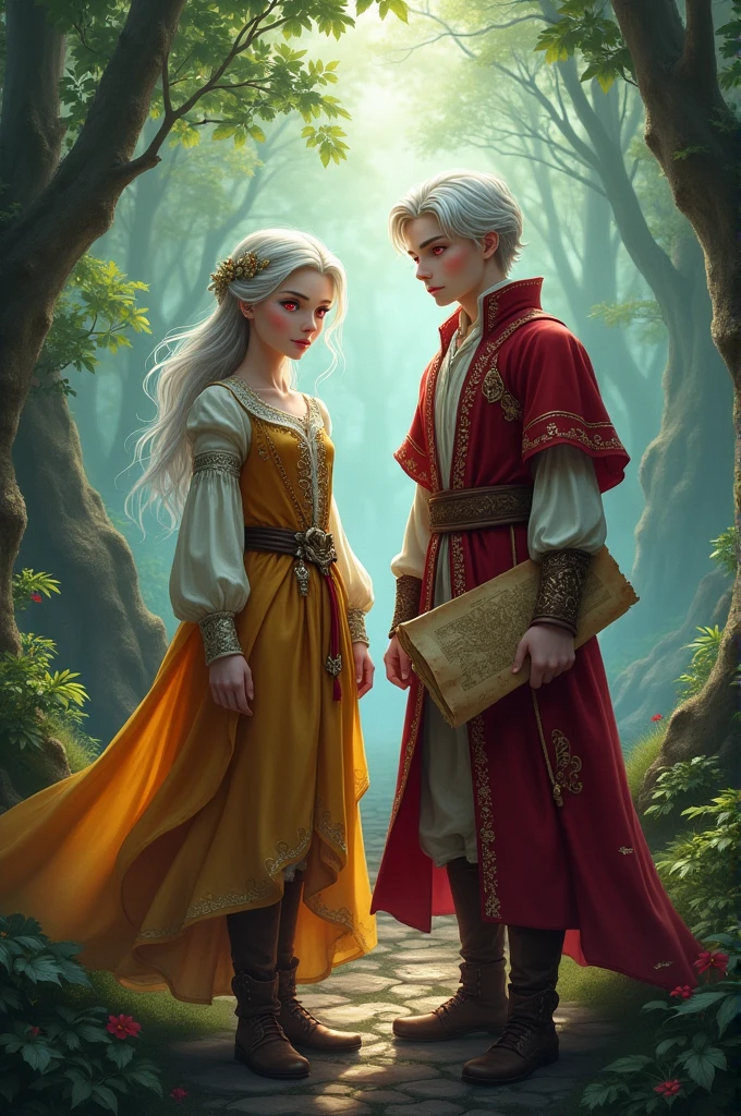 Two young twins, one female and the other male, both with white hair, cream skin and ruby eyes, are found in a forest walking with a medieval-style map. Both are royalty.