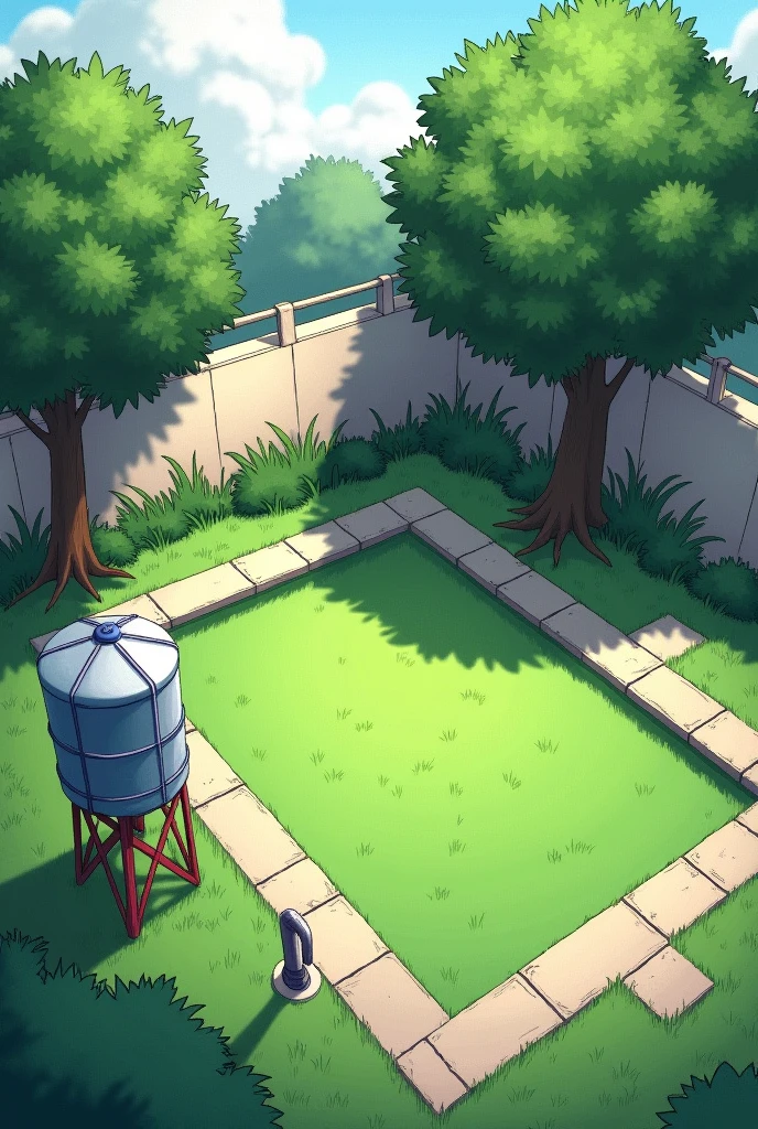 C'est juste un zone dans la cours en rechangle faisant la taille d'une piscine de maison. There is a water tower in the corner at the back right very close to the wall with a tap in the bottom right corner.I want an idea of what it could look like with one or two or three trees. I want it to allow for shade and there should be grass below