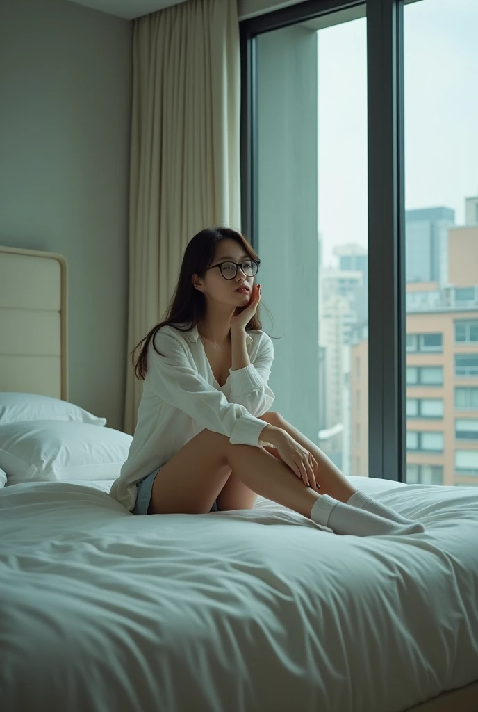 (8k,Movie,16mm wide-angle lens,Aperture 8,Multi-angle shooting,Rich in details )Chinese,Asian,in a New York office building ,secretary,wear glasses,Cool colors,miniskirt,High heel,exposed,sexy socks,Expose,Expose内衣,A large hotel room,Lying in bed,,Flirty,Romantic,Sexy woman,White,Looking out the window,Troubled woman,30 years old