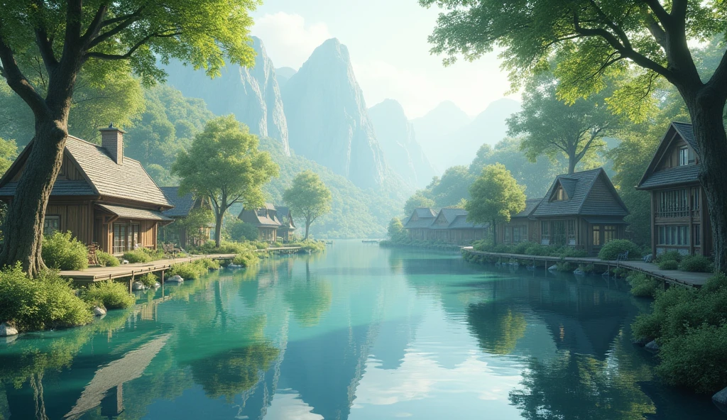 Serene Village Lake: A tranquil village lake with reflections of surrounding trees and houses.