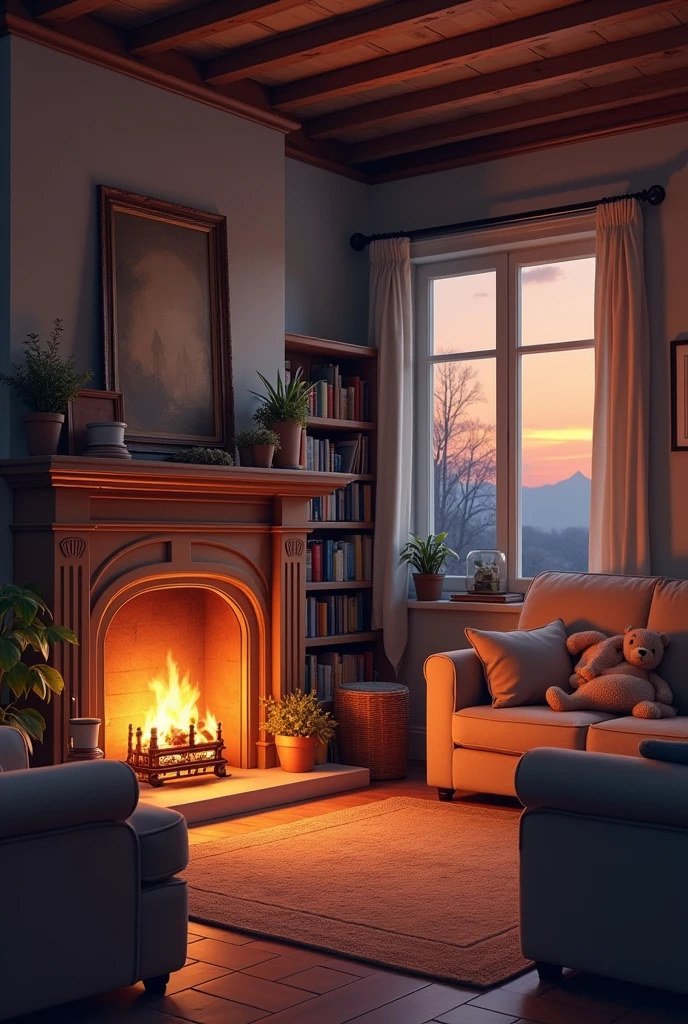Scene of a Cozy Living Room at Dusk: A cozy living room with a fireplace burning in the background, comfortable sofas, soft and warm light illuminating the environment. There is a feeling of tranquility and unity, with family photos on the walls and books on a shelf beside it. The window displays a soft sunset, suggesting an atmosphere of peace and family love.