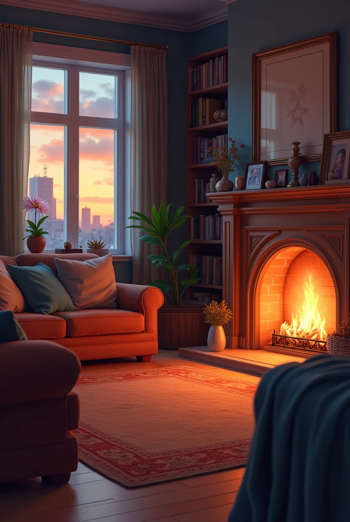 Scene of a Cozy Living Room at Dusk: A cozy living room with a fireplace burning in the background, comfortable sofas, soft and warm light illuminating the environment. There is a feeling of tranquility and unity, with family photos on the walls and books on a shelf beside it. The window displays a soft sunset, suggesting an atmosphere of peace and family love.