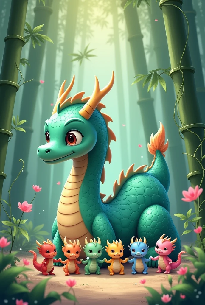 A tiffany green dragon,huge,on the ground,Several little dragons held hands with him,Young dragons come in different colors.,cute style,background chinese style,forest