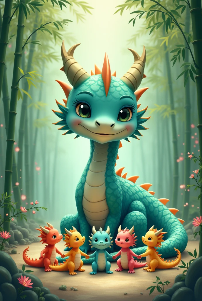 A tiffany green dragon,huge,on the ground,Several little dragons held hands with him,Young dragons come in different colors.,cute style,background chinese style,forest