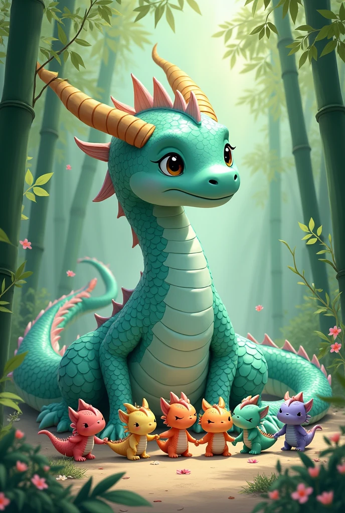 A tiffany green dragon,huge,on the ground,Several little dragons held hands with him,Young dragons come in different colors.,cute style,background chinese style,forest