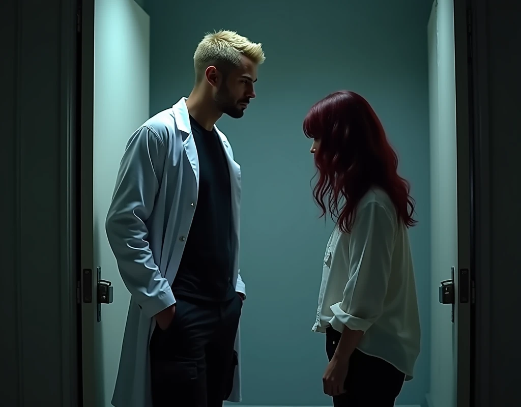 216 cm tall, 33-year-old man with short crew cut platinum blond wavy swept-back hair, dark skin, Arabic-Egyptian features, wearing a white lab coat over a black t-shirt and black cargo pants, standing in an open doorway of a secret facility. He is looking down at a much shorter 24-year-old woman who only comes up to his shoulder, with vibrant maroon side-parted medium-length wavy hair, very pale skin, wearing a white flowy top and low-rise black pants, standing outside the facility near the doorway. Hip-shot, dark lighting, nighttime, photorealistic, cinematic.