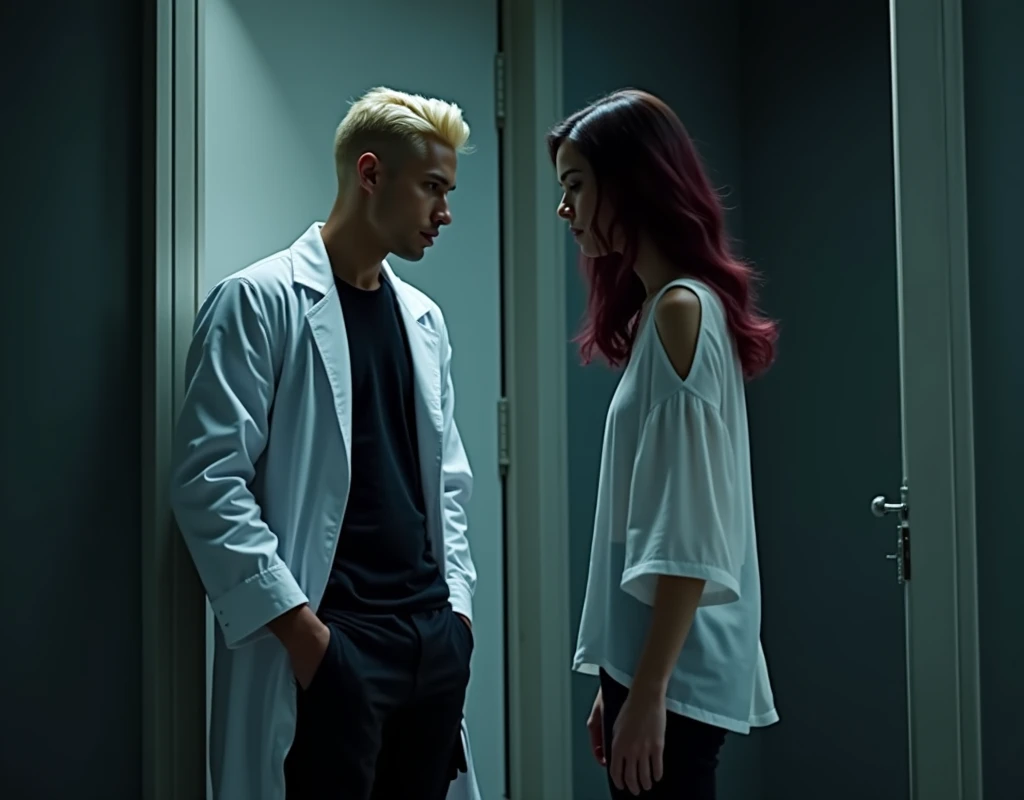 216 cm tall, 33-year-old man with short crew cut platinum blond wavy swept-back hair, dark skin, Arabic-Egyptian features, wearing a white lab coat over a black t-shirt and black cargo pants, standing in an open doorway of a secret facility. He is looking down at a much shorter 24-year-old woman who only comes up to his shoulder, with vibrant maroon side-parted medium-length wavy hair, very pale skin, wearing a white flowy top and low-rise black pants, standing outside the facility near the doorway. Hip-shot, dark lighting, nighttime, photorealistic, cinematic.