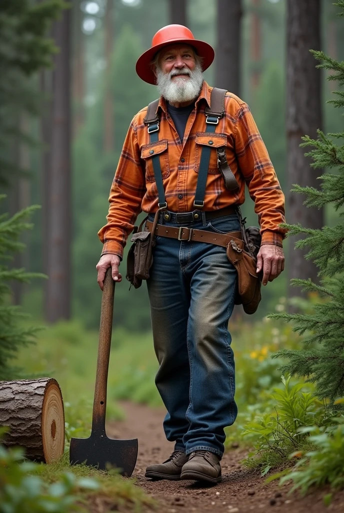 68 year old man with a red lumberjack hat, orange plaid shirt, red and black, dark denim pants, and brown boots in the woods with an axe 