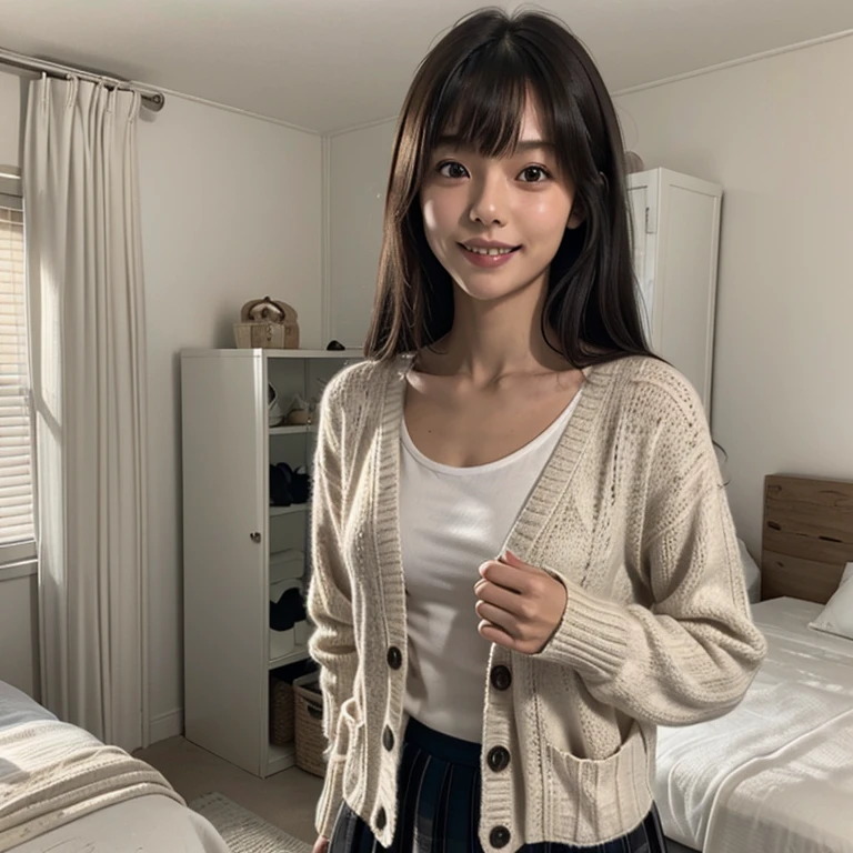 Masterpiece、8k、Very realistic、Japanese、One person、woman、Skinny athletic model body、Flat Chest、tall、whole body、50 years old、(Hairstyle：Bangs(1.6))、In your room at home、The best smile、clothing：Wearing a cardigan and skirt、