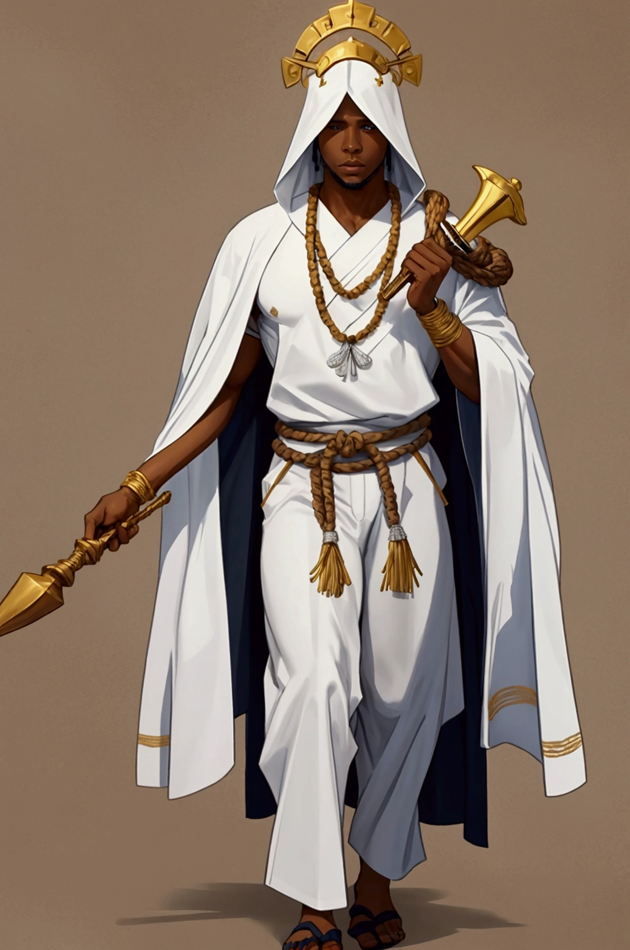 Create an image of the Yoruba healing god Obaluaiê. A full-body image. He wears a straw suit that covers his body from head to knees, but his arms and legs are visible. He is a muscular black man. He carries two objects in his left hand: a wooden scepter with bones and in his right hand an object braided in rope.