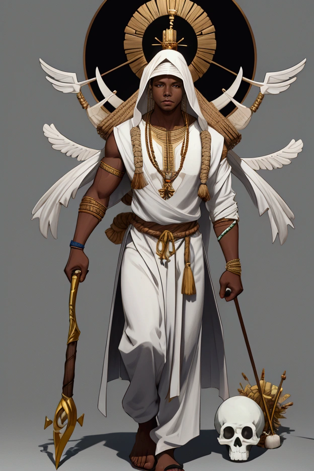 Create an image of the Yoruba healing god Obaluaiê. A full-body image. He wears a straw suit that covers his body from head to knees, but his arms and legs are visible. He is a muscular black man. He carries two objects in his left hand: a wooden scepter with bones and in his right hand an object braided in rope.