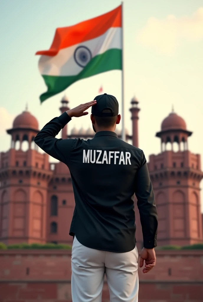 A man salute of indian flag front of Delhi red fort 
Shirt black pants white with cap Name back on shirt MUZAFFAR capital letter