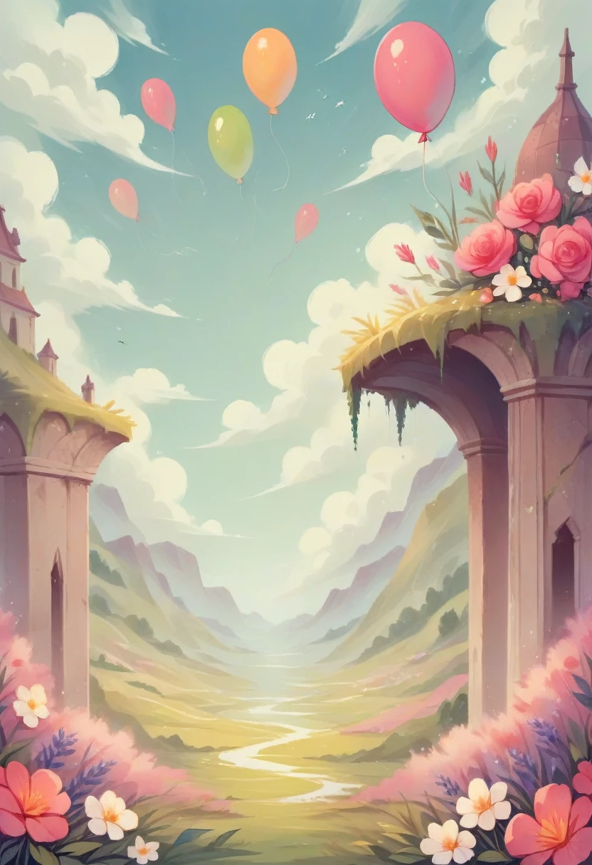 landscape and a fuchsia palace, glorious pink with flowers and balloons 