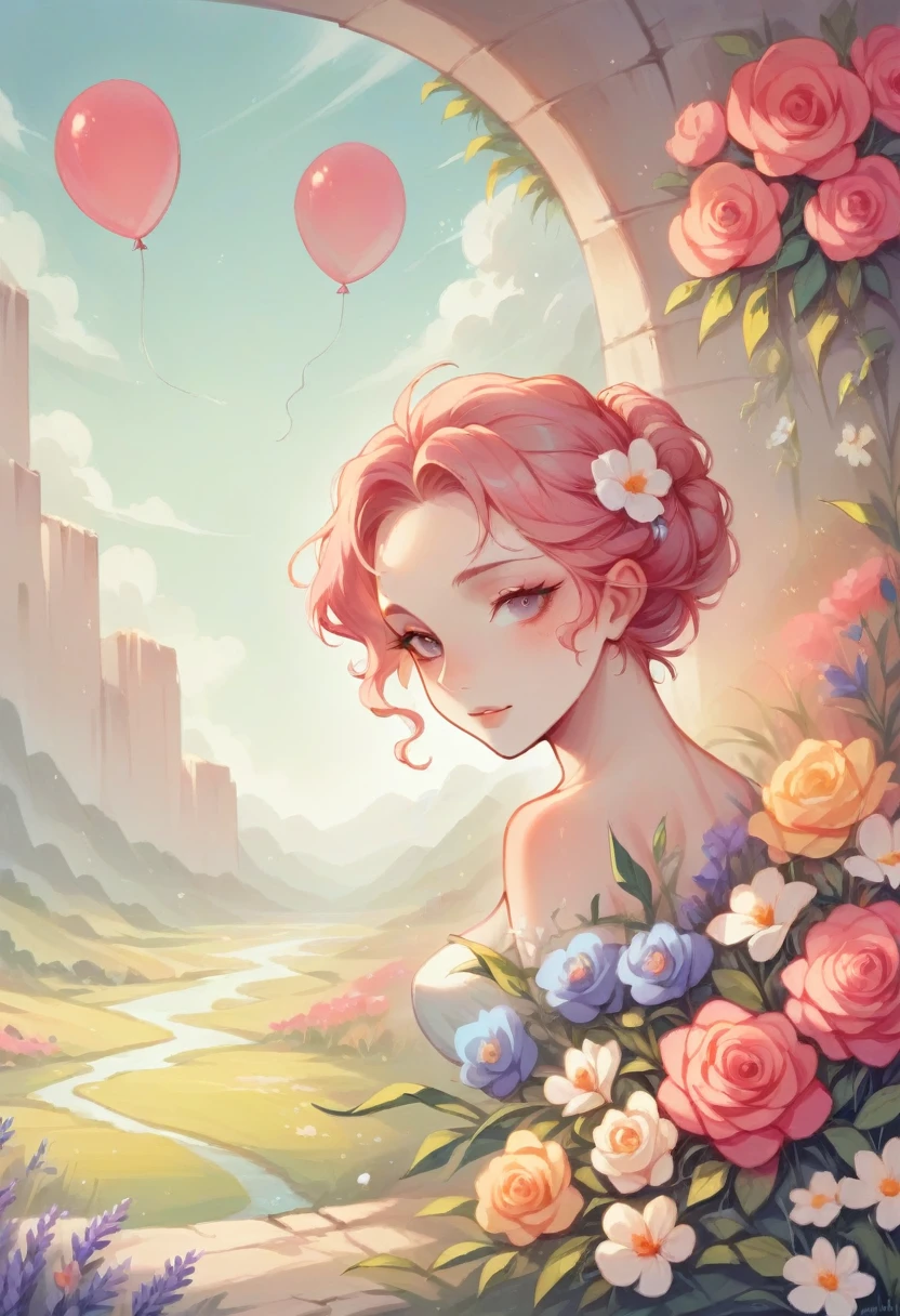 landscape and a fuchsia palace, glorious pink with flowers and balloons