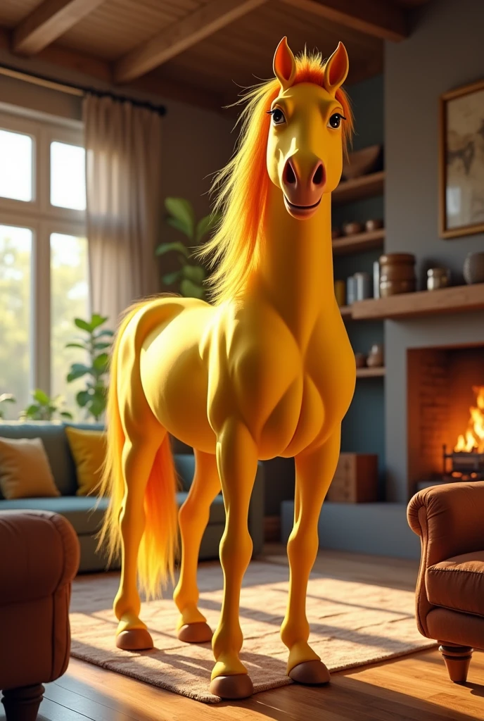 A yellow horse in the living room