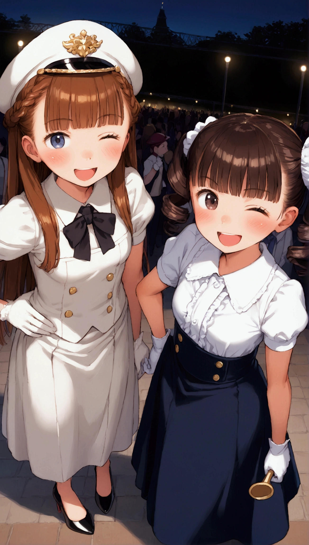 {Highest quality}, {Super beautiful},{Ultra fine},{Best illustration},Brown Hair,Hime cut,Braid,long hair,Pigtails,Two Women,Standing Woman,Strike a pose,Adult women,smile,Excited face,Double teeth,Wink,Uniform cap,White shirt,Short sleeve,Black long skirt,White gloves,Black stiletto heels,Night Park,crowd,Blushing,Slender,From above,Spread your legs,Put one hand on your hip