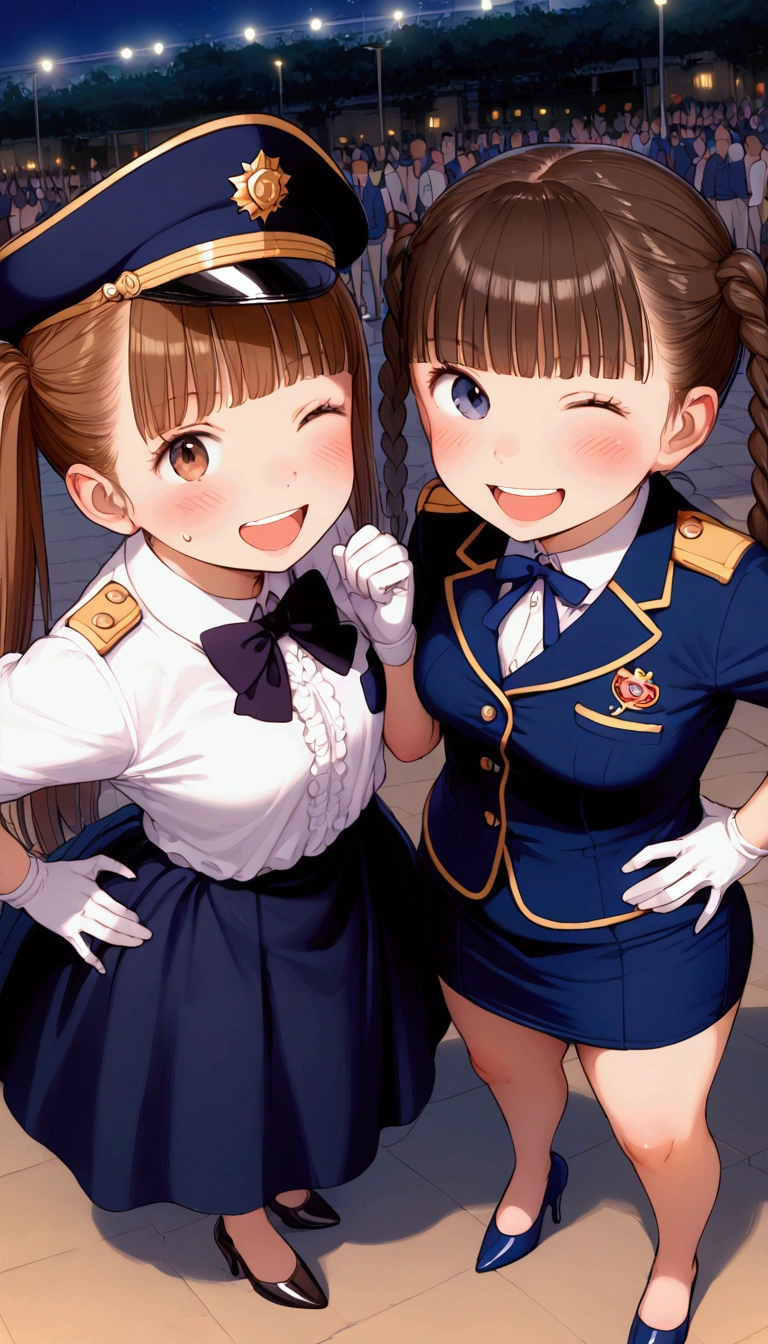 {Highest quality}, {Super beautiful},{Ultra fine},{Best illustration},Brown Hair,Hime cut,Braid,long hair,Pigtails,Two Women,Standing Woman,Strike a pose,Adult women,smile,Excited face,Double teeth,Wink,Uniform cap,White shirt,Short sleeve,Black long skirt,White gloves,Black stiletto heels,Night Park,crowd,Blushing,Slender,From above,Spread your legs,Put one hand on your hip
